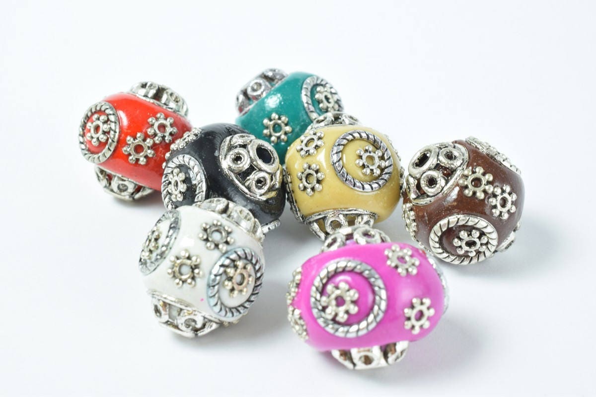 Indonesian Kashmir Clay Beads Handmade Beads 6 PCs, Bohemian Bali Style Jewelry Making Decorative Round Beads