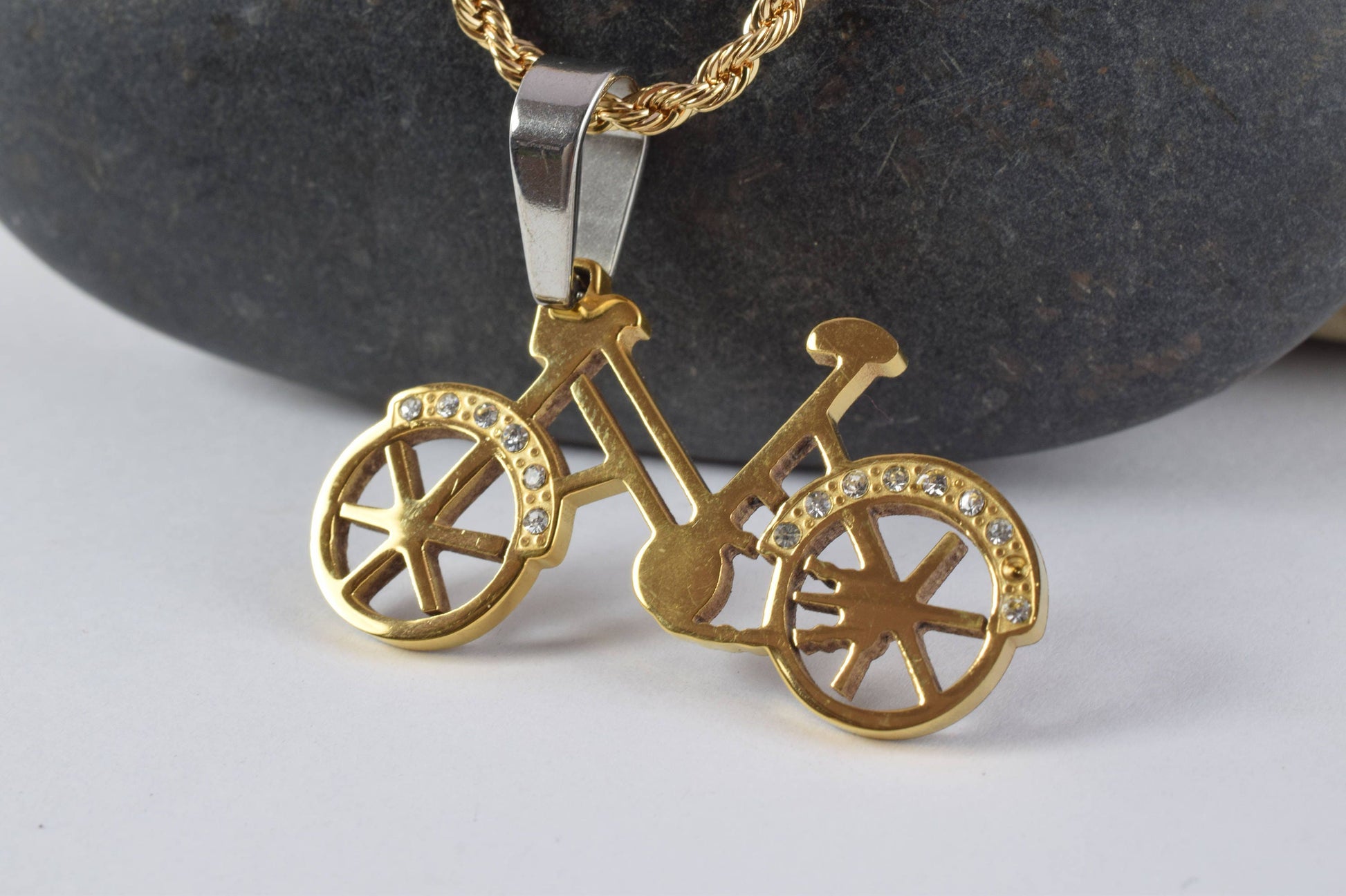 18K Gold Filled Bicycle Stainless Steel Pendants Size 20x37mm With Rhinestone CZ Cubic Zirconia For Jewelry Making