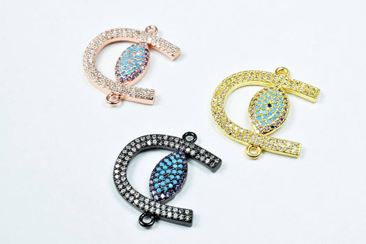 Horse Shoe Evil Eye Micro Pave CZ Rhinestone Connector Beads High Quality Horizontal Hole 3 Colors
