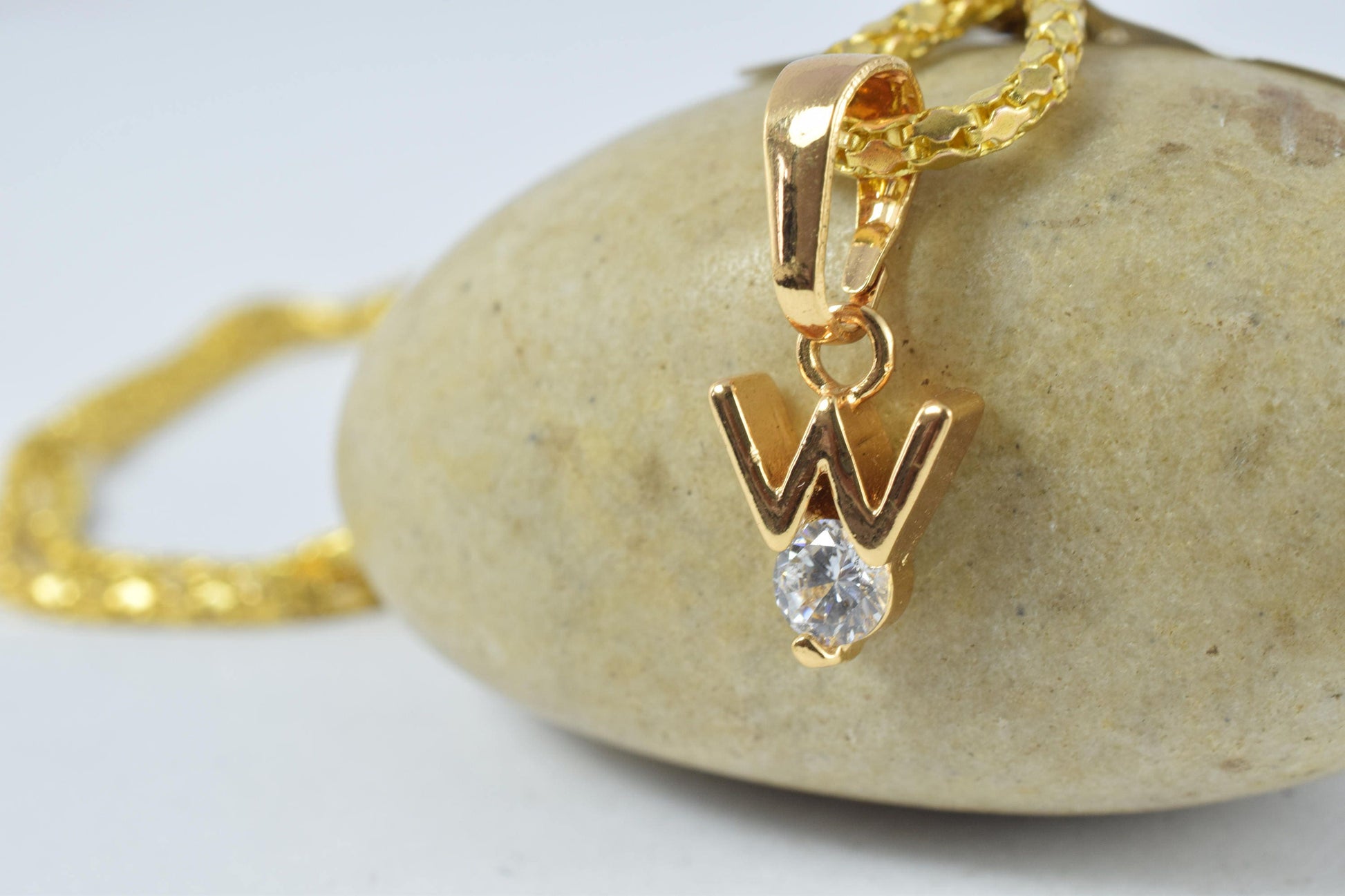 12x8mm 18KT as Gold Filled* Single Initial "W" Pendant,Custom Initial,Gold Initial Necklace,Tiny Initial Necklace, Cubic Zirconia Center
