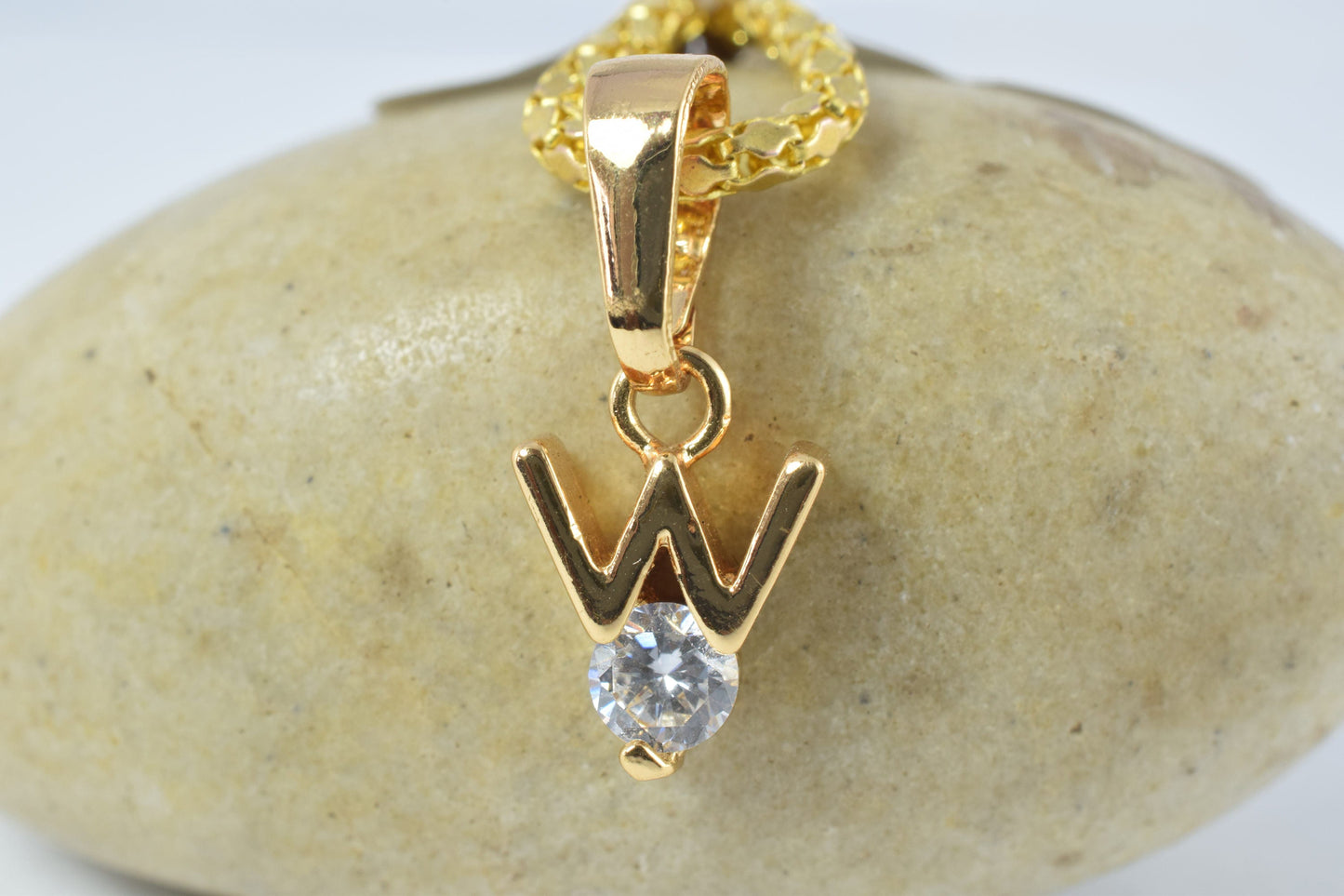12x8mm 18KT as Gold Filled* Single Initial "W" Pendant,Custom Initial,Gold Initial Necklace,Tiny Initial Necklace, Cubic Zirconia Center