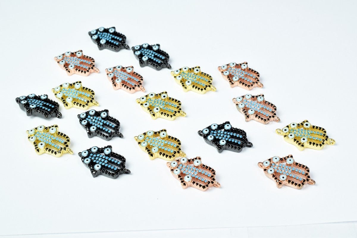 Evil Eye Hamsa Hand Micro Pave Cubic Zirconia CZ Rhinestone Beads Connector High Quality 3 Colors