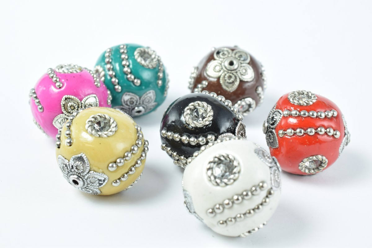 Indonesian Kashmir Clay Beads Handmade Beads 4 PCs, Bohemian Bali Style Jewelry Making Decorative Round Beads