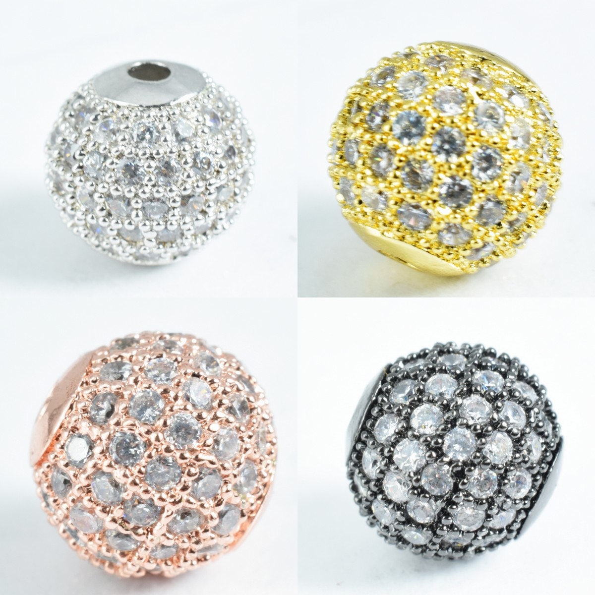 Pave CZ Rhinestone Beads 10mm High Quality 2mm Large Hole Round Bead 4 Colors