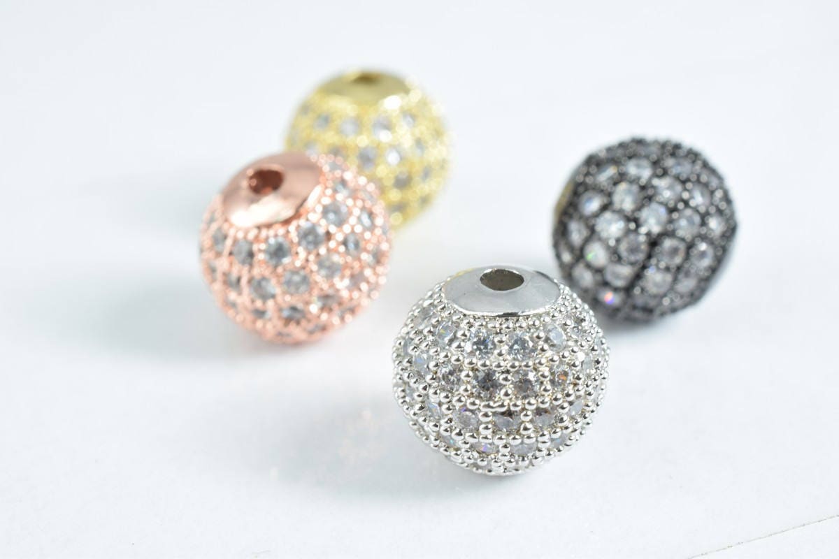 Pave CZ Rhinestone Beads 10mm High Quality 2mm Large Hole Round Bead 4 Colors