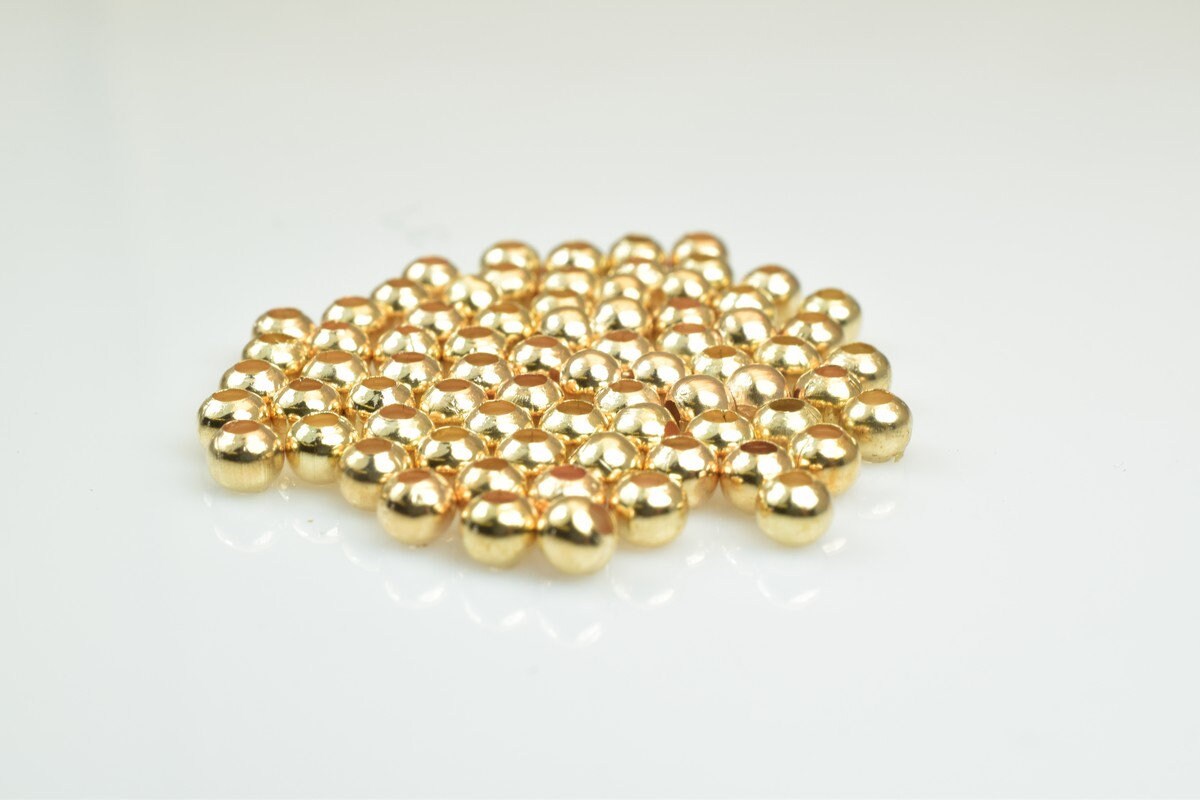 Plain Pinky 18K Gold Plated Carved Round Beads 2mm/3mm Plain Ball Beads With Big Hole For Jewelry Making