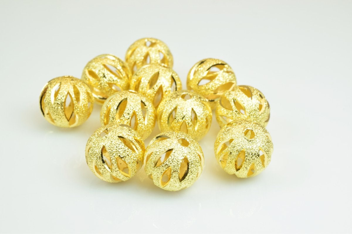 100 PCs Gold Plated Carved Round Beads 12mm Diamond Cut For Jewelry Making
