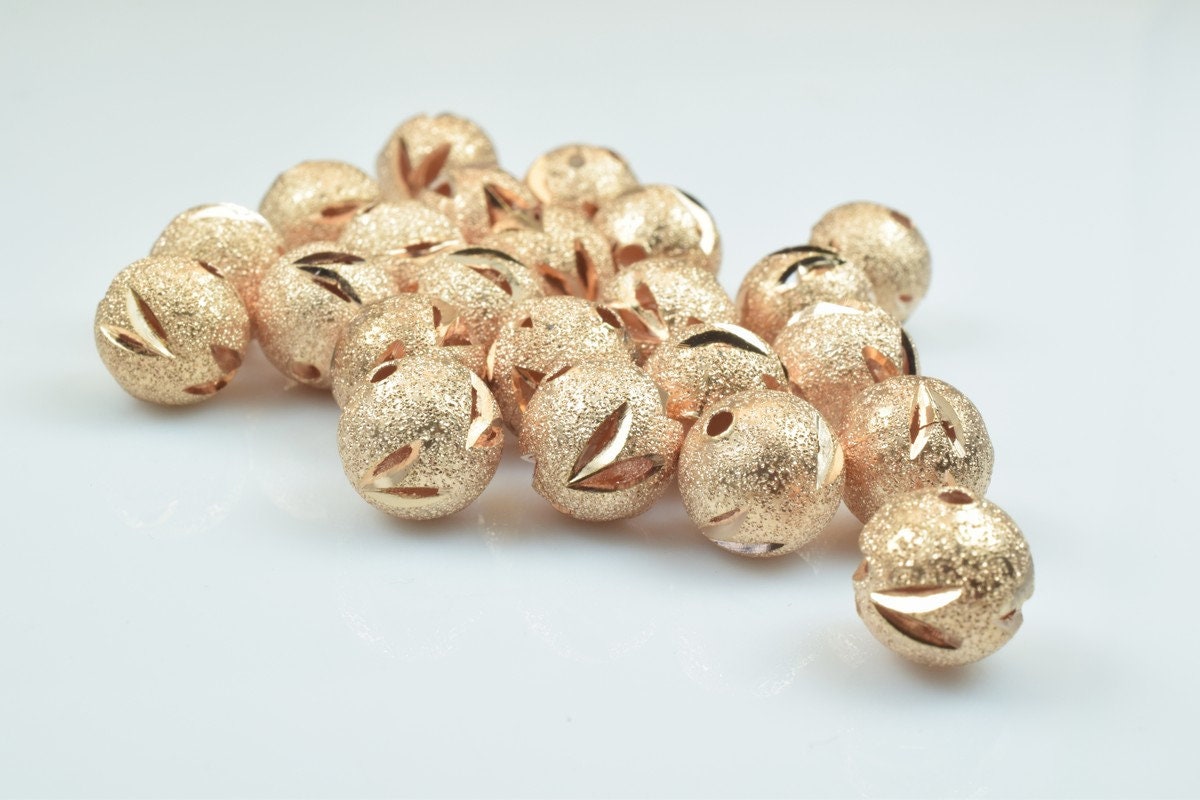 100 PCs Rose Gold Plated Carved Round Beads 6mm/8mm/10mm Diamond Cut For Jewelry Making