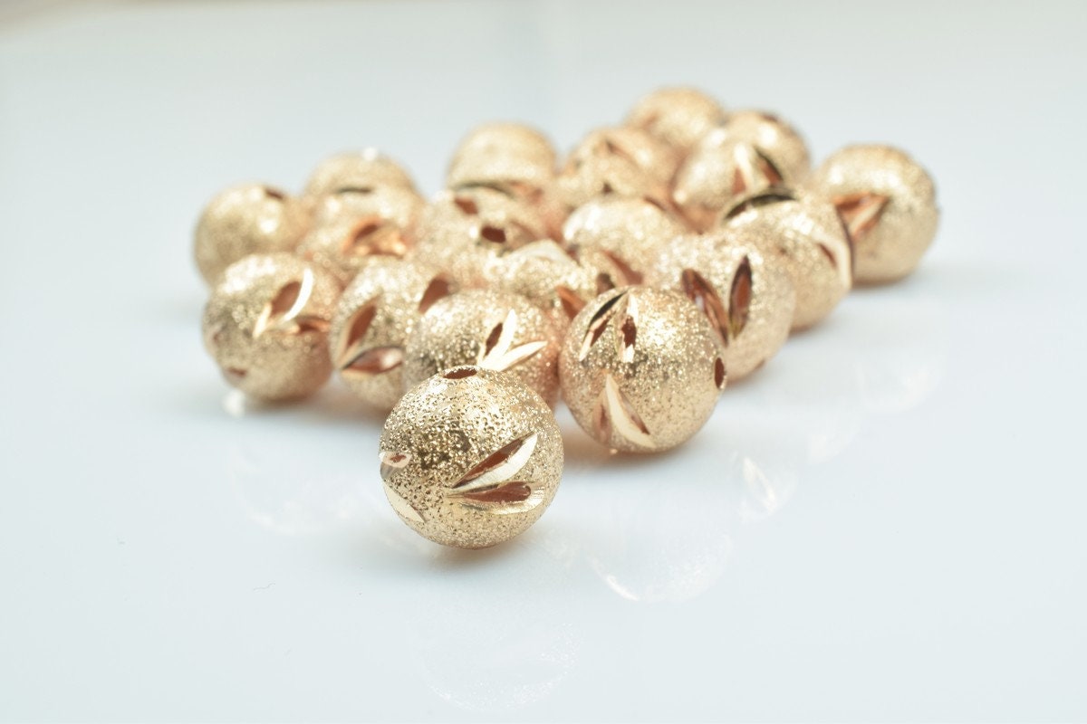 100 PCs Rose Gold Plated Carved Round Beads 6mm/8mm/10mm Diamond Cut For Jewelry Making