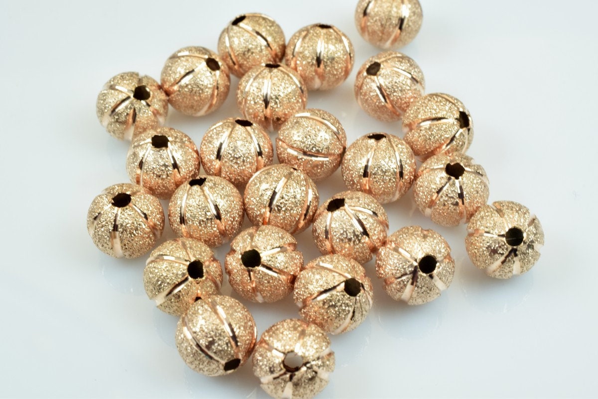 100 PCs Rose Gold Plated Carved Round Beads 8mm Watermelon Diamond Cut For Jewelry Making