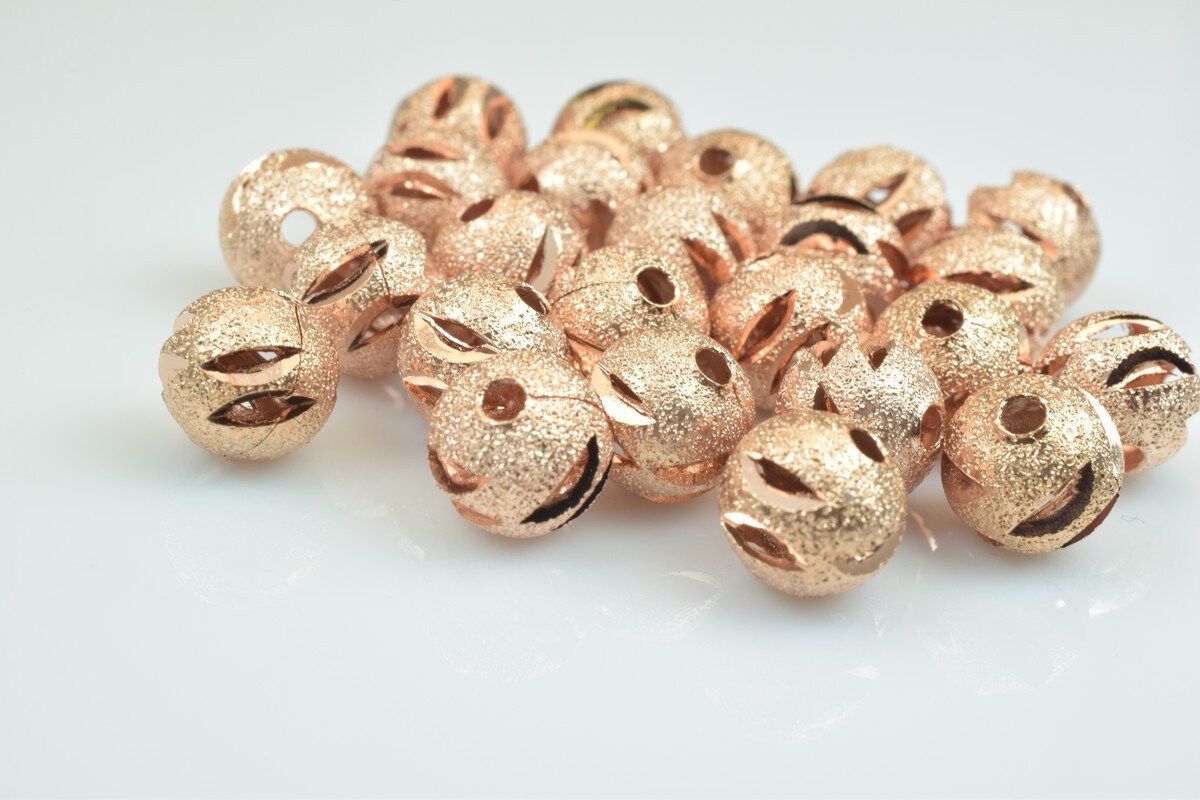 100 PCs Rose Gold Plated Carved Round Beads 8mm Diamond Cut For Jewelry Making