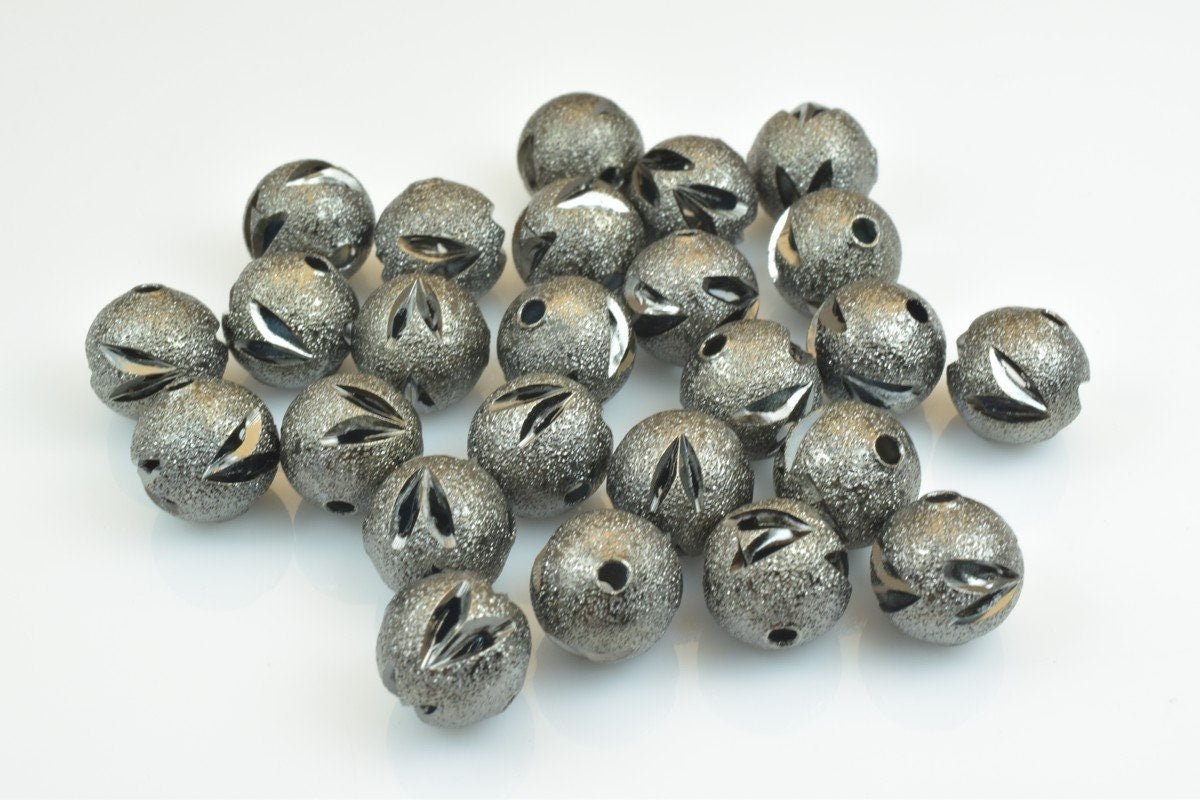 100 PCs Gun Metal Plated Black Carved Round Beads 6mm/8mm/10mm Diamond Cut For Jewelry Making