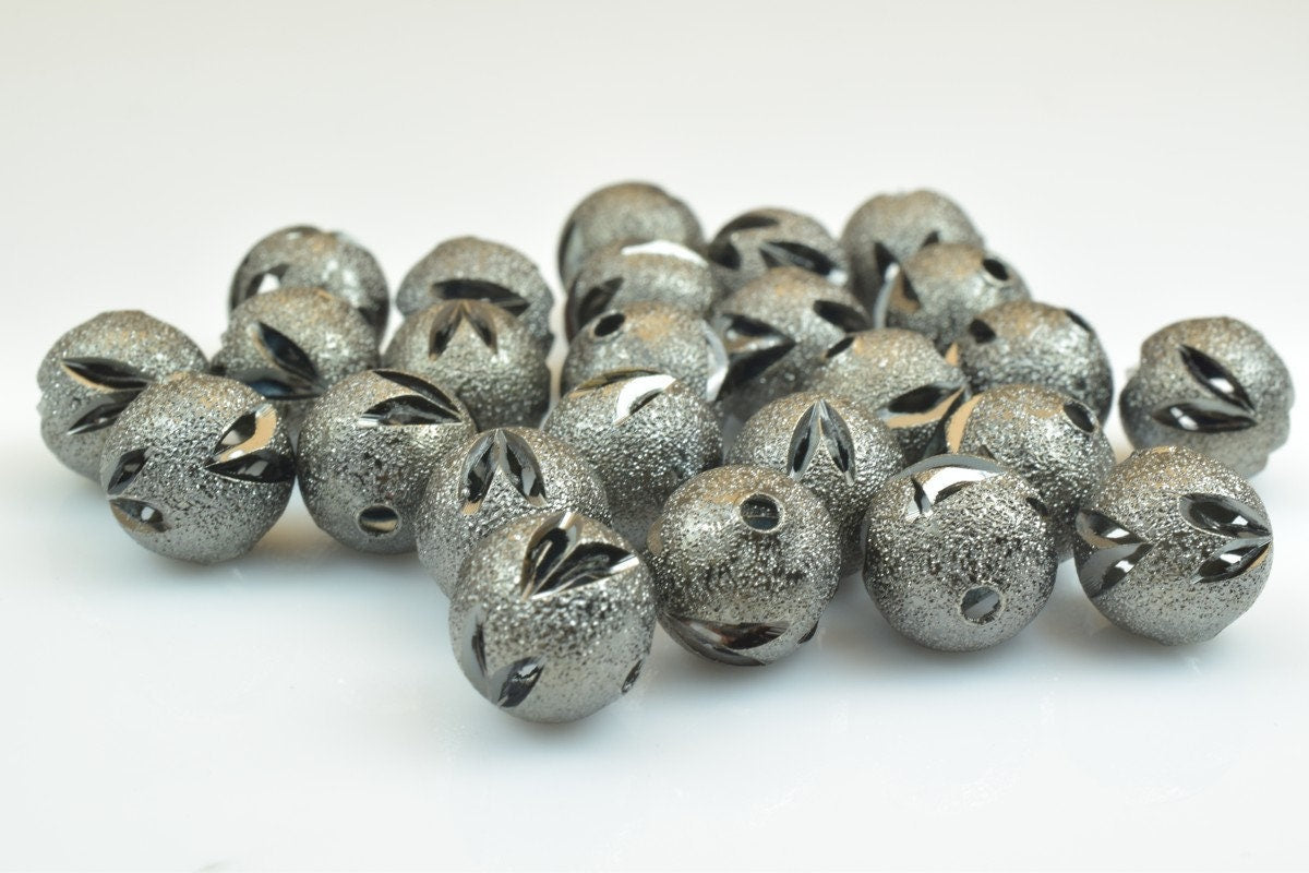 100 PCs Gun Metal Plated Black Carved Round Beads 6mm/8mm/10mm Diamond Cut For Jewelry Making