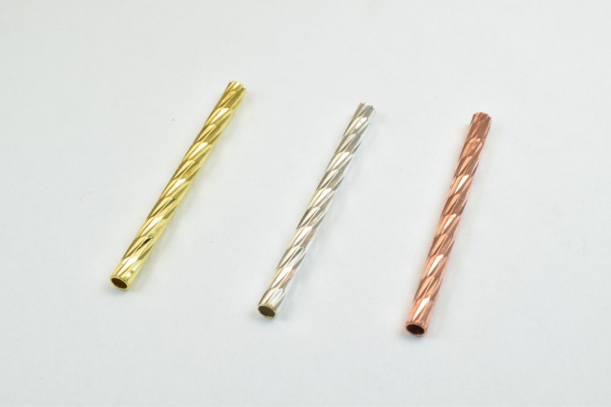 12 PCs Straight Tube Jewelry Finding Beads 3x40mm/3x45mm/3x50mm Diamond Cut Gold/Silver/ Rose Gold For Jewelry Making