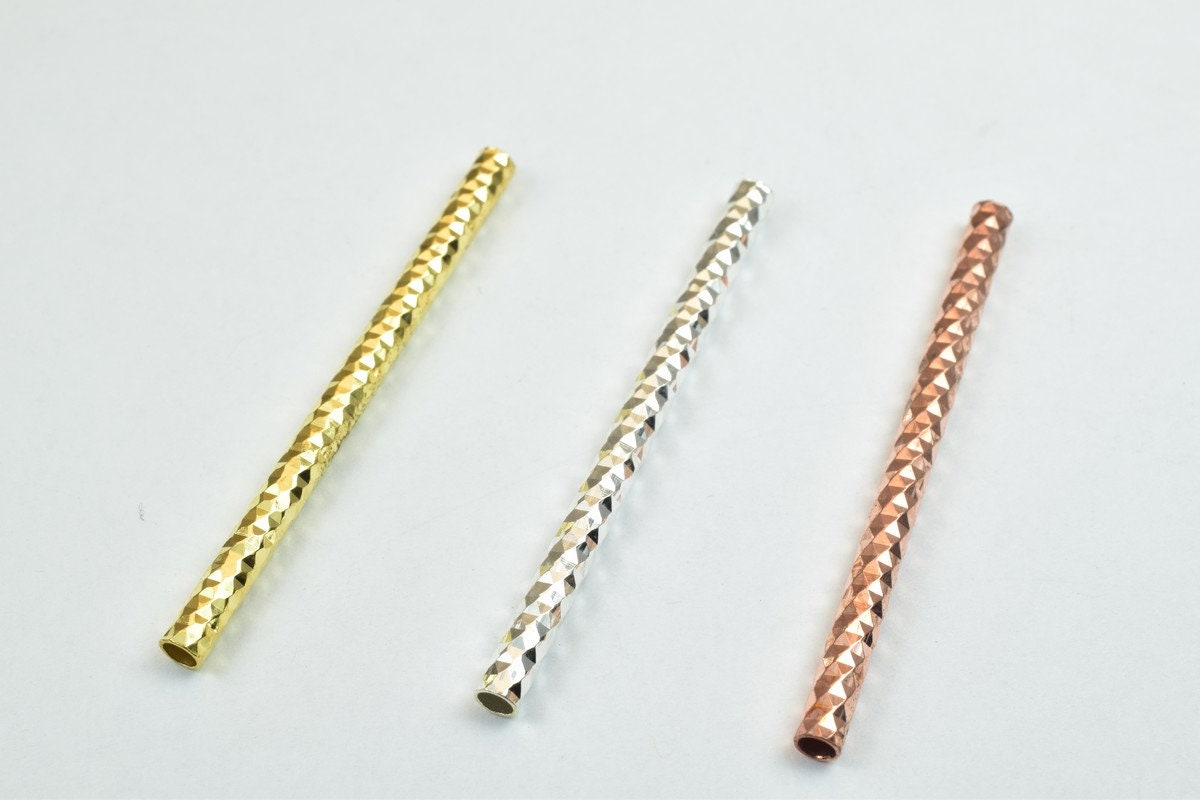 12 PCs Straight Tube Jewelry Finding Beads 3x40mm/3x45mm/3x50mm Diamond Cut Gold/Silver/ Rose Gold Diamond Cut For Jewelry Making