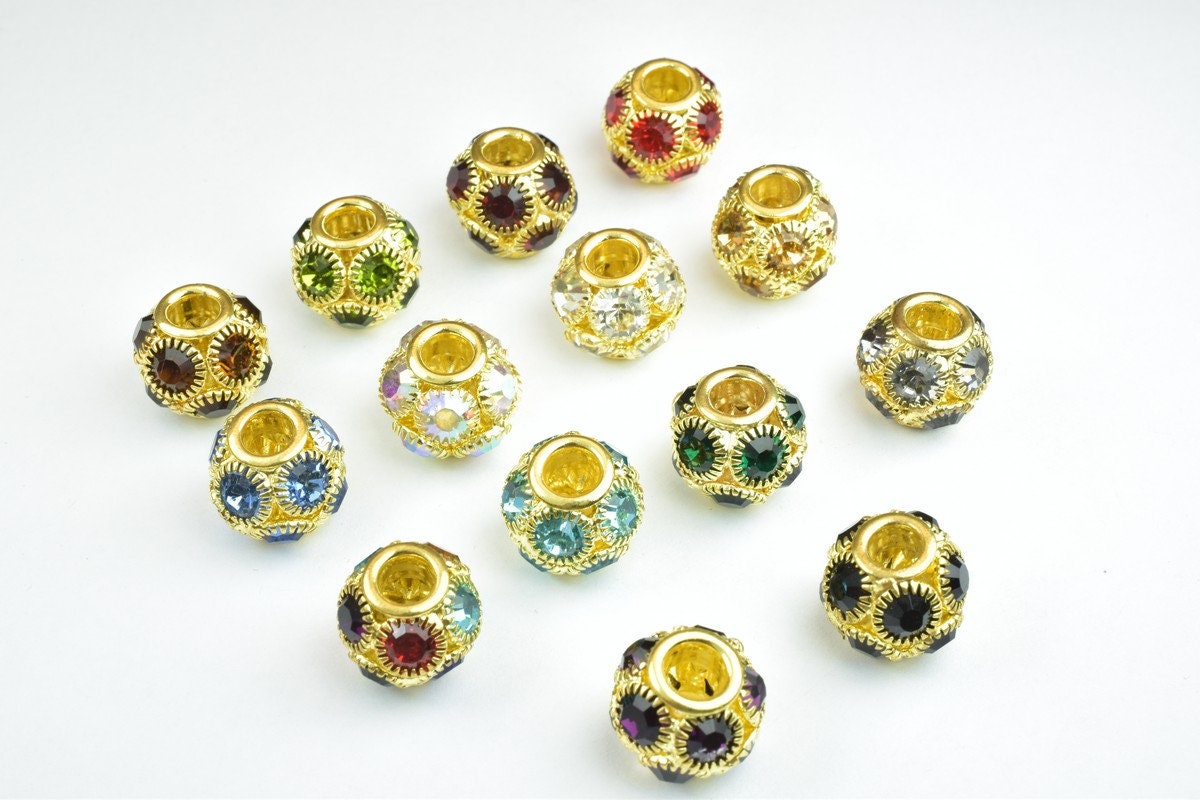4 PCs Rhinestone Round Ball Beads with Big Hole Gold Size 13mm Hole Size 5mm For European Style Bracelet Or Necklace For Jewelry Making
