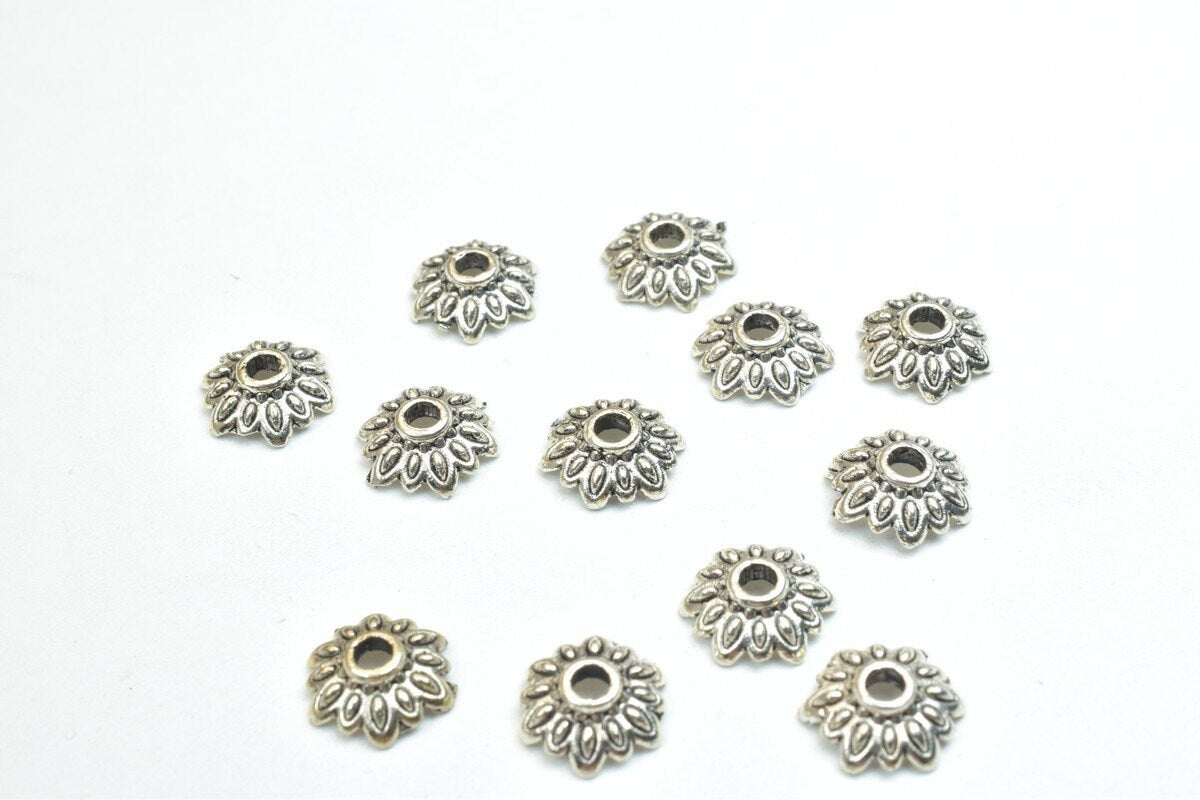 12 PCs Flower Beads Caps Antique Silver Alloy Beads Ending Size 8mm Hole Opening 2mm For Jewelry Making