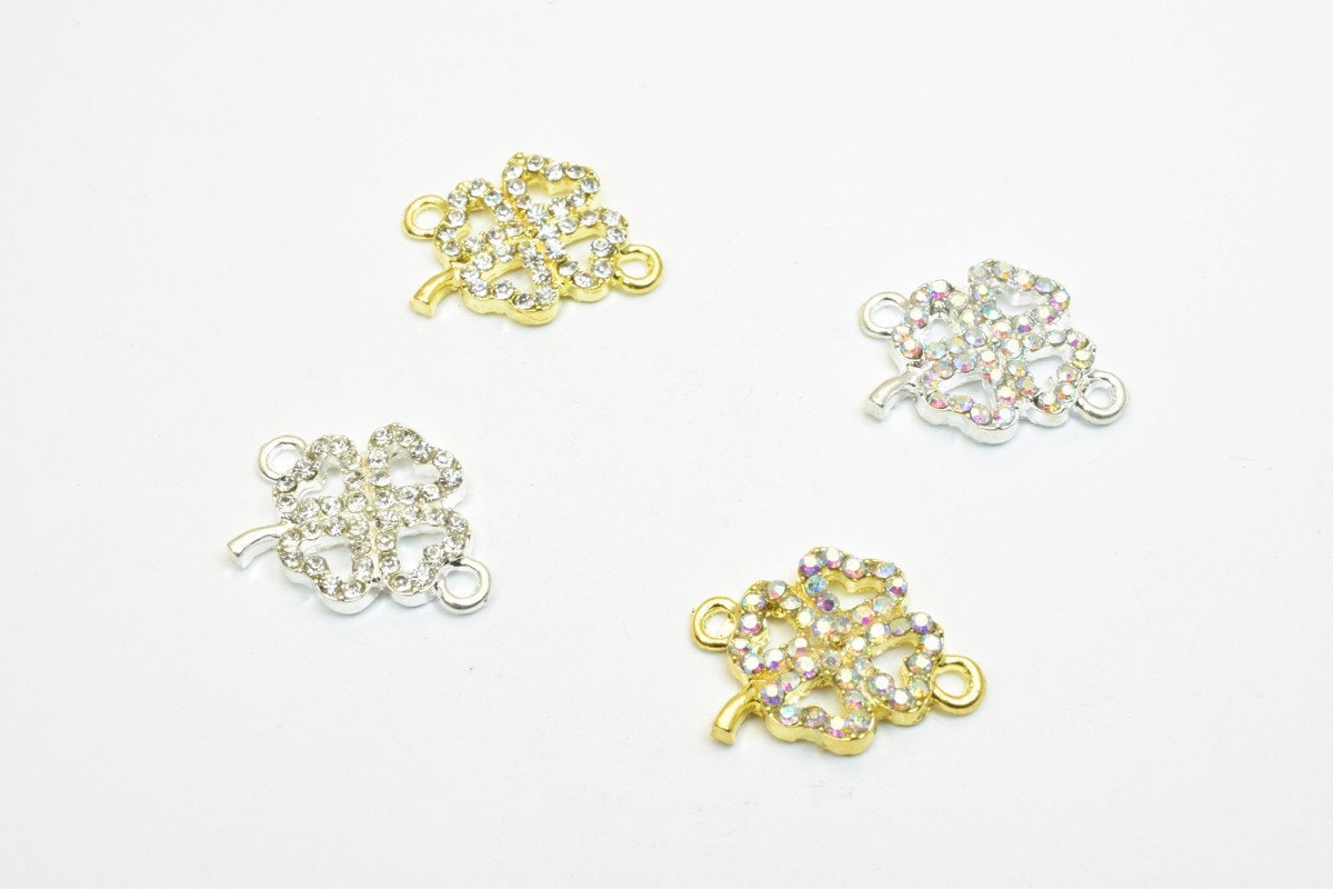 4 PCs Flower Rhinestone Connector Charm Pave Beads Findings Size 21x16mm Thickness 3mm 2 Jump Rings 2mm For Jewelry Making