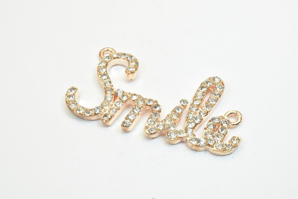 2 PCs Smile Rhinestone Connector Charm Pave Beads Findings Size 22x42mm Thickness 3mm 2 Jump Rings 2mm For Jewelry Making