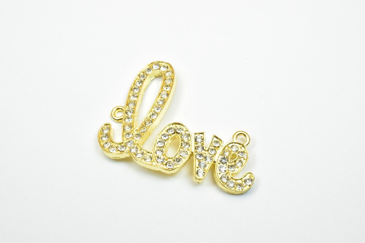 2 PCs Love Rhinestone Connector Pendant Charm Pave Beads Finding Size 33x42mm Thickness 3mm 2 Jump Rings 2mm For Jewelry Making