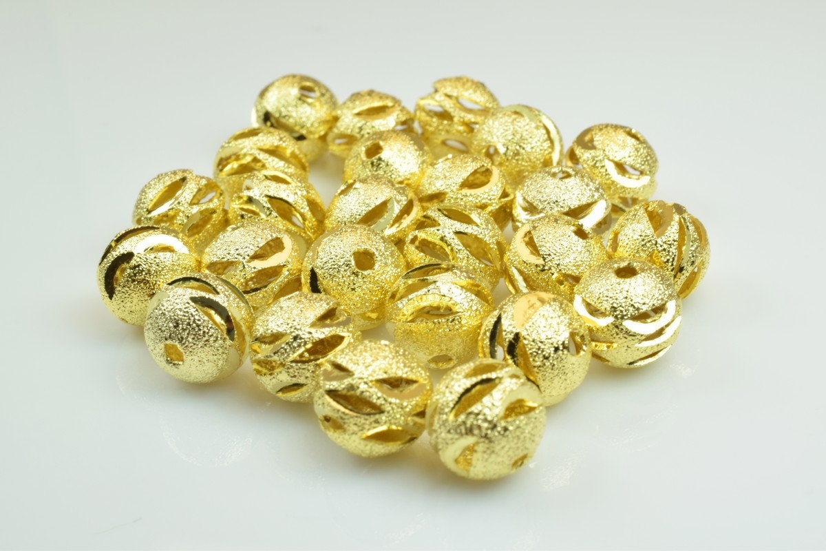 100 PCs Gold Plated Carved Round Beads 6mm/8mm/10mm Diamond Cut For Jewelry Making