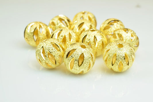 100 PCs Gold Plated Carved Round Beads 12mm Diamond Cut For Jewelry Making