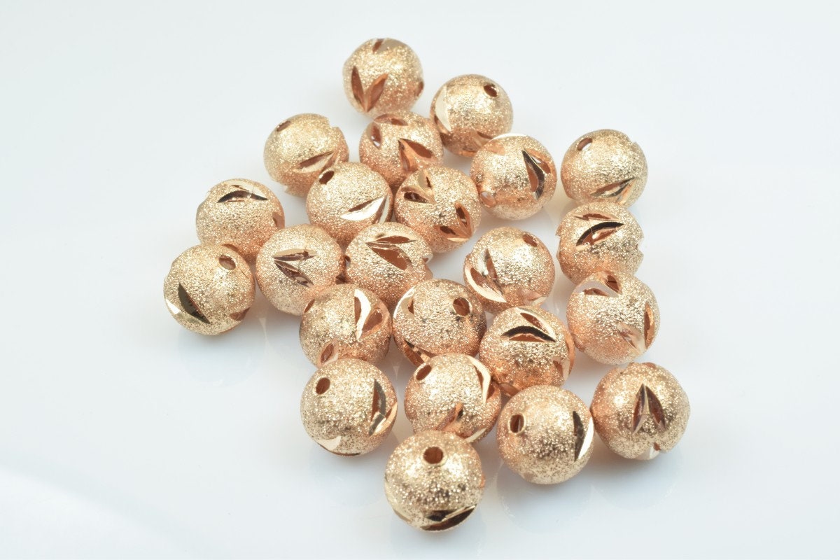 100 PCs Rose Gold Plated Carved Round Beads 6mm/8mm/10mm Diamond Cut For Jewelry Making