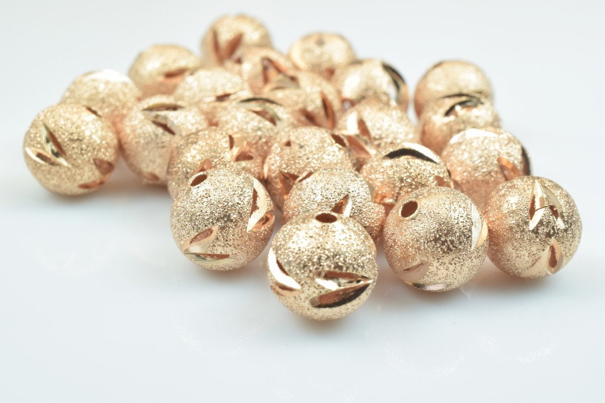 100 PCs Rose Gold Plated Carved Round Beads 6mm/8mm/10mm Diamond Cut For Jewelry Making