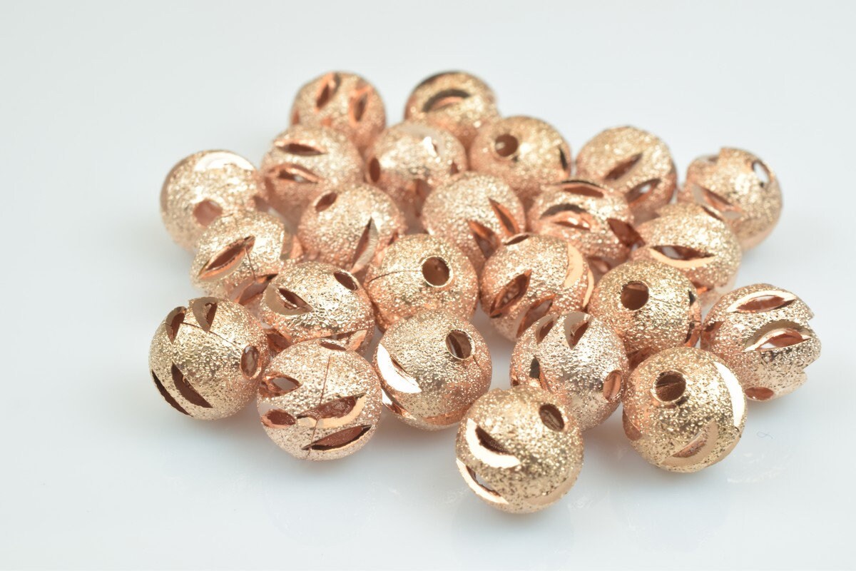 100 PCs Rose Gold Plated Carved Round Beads 8mm Diamond Cut For Jewelry Making