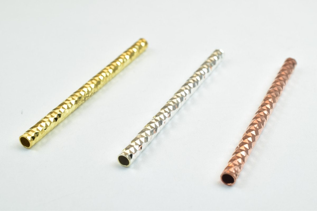 12 PCs Straight Tube Jewelry Finding Beads 3x40mm/3x45mm/3x50mm Diamond Cut Gold/Silver/ Rose Gold Diamond Cut For Jewelry Making