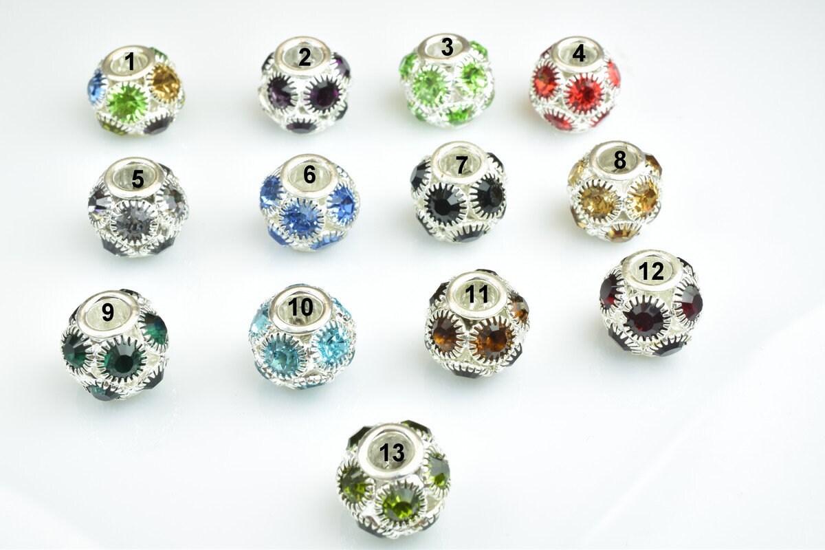 4 PCs Rhinestone Round Ball Beads with Big Hole Silver Size 13mm Hole Size 5mm For European Style Bracelet Or Necklace For Jewelry Making