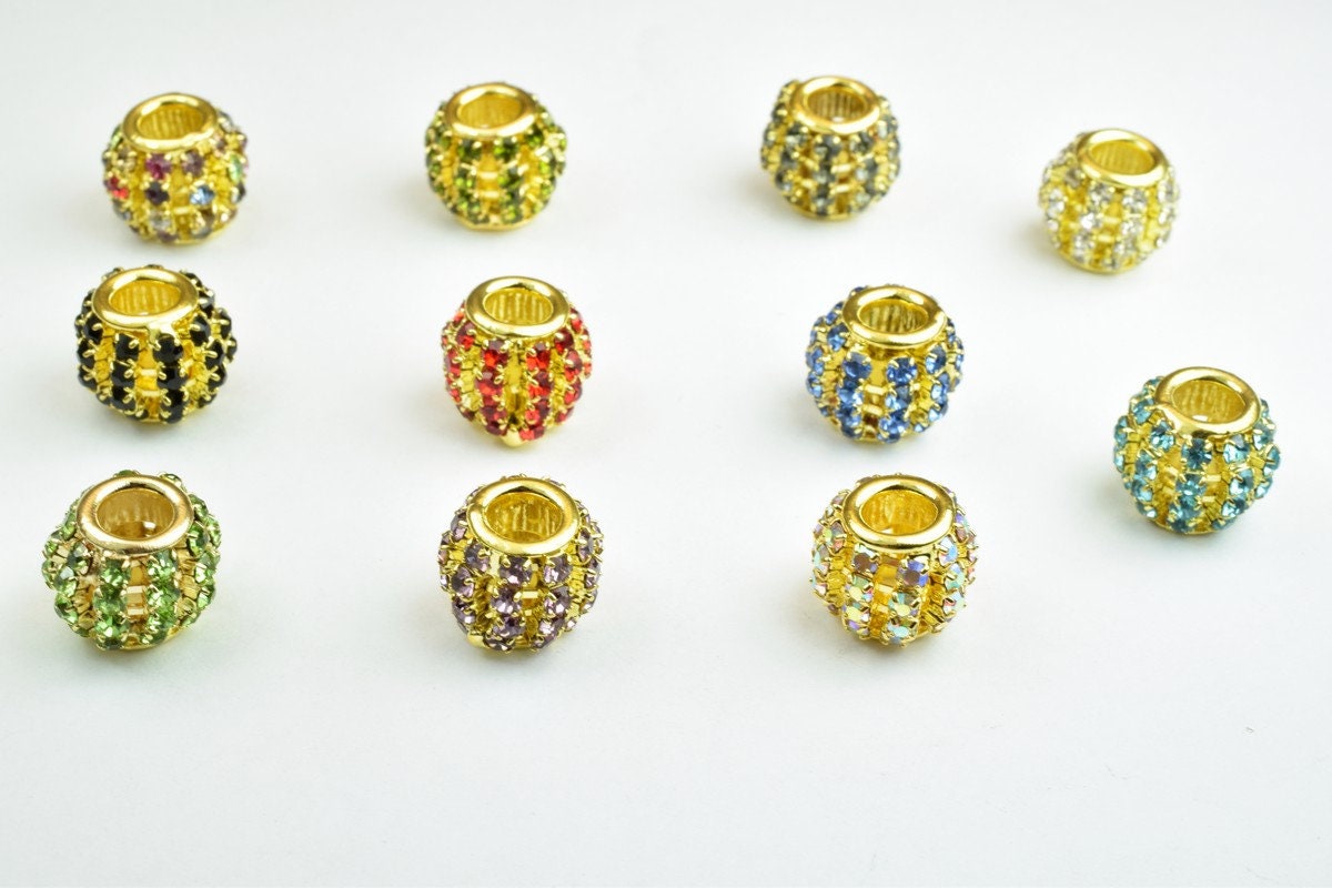 4 PCs Rhinestone Round Ball Beads with Big Hole Gold Size 12x11mm Hole Size 5mm For European Style Bracelet Or Necklace For Jewelry Making