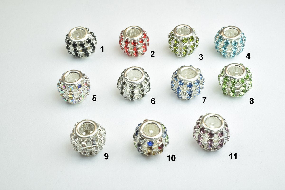 4 PCs Rhinestone Round Ball Beads with Big Hole Silver Size 12x11mm Hole Size 5mm For European Style Bracelet Or Necklace For Jewelry Making