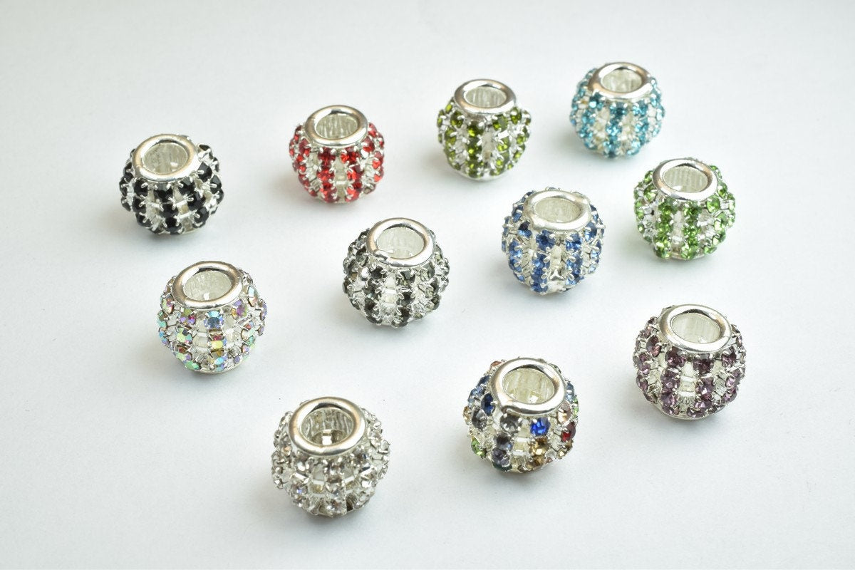 4 PCs Rhinestone Round Ball Beads with Big Hole Silver Size 12x11mm Hole Size 5mm For European Style Bracelet Or Necklace For Jewelry Making