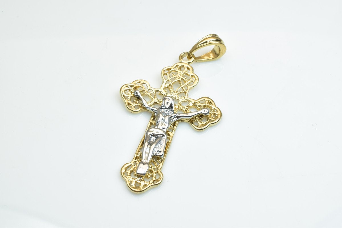 18KGF as Gold Filled* Cross with White as Gold Filled* Jesus Size 50x31mm Christian Cross Pendant For Jewelry Making Item# GP71