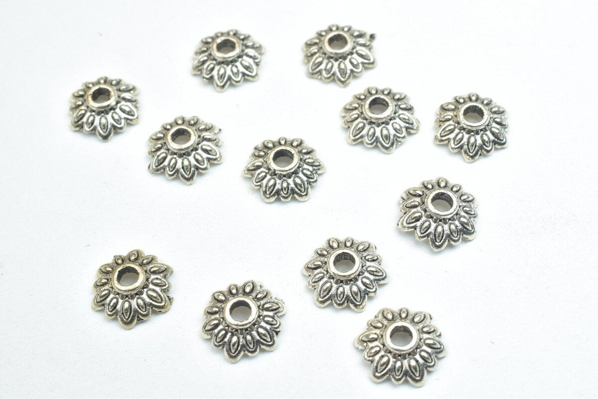 12 PCs Flower Beads Caps Antique Silver Alloy Beads Ending Size 8mm Hole Opening 2mm For Jewelry Making