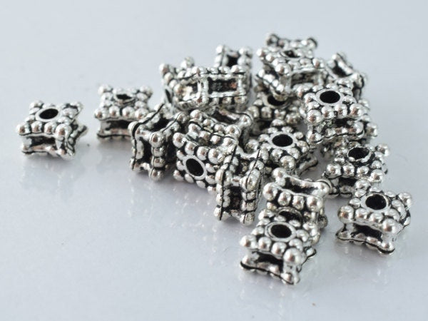 6mm Antique Silver Square Spacer Finding Metal Textured Alloy Beads, Spacer Beads, Sold by 1 pack of 20pcs, 1m hole opening, 3m thickness