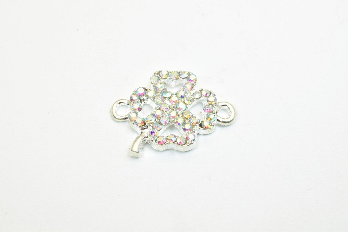 4 PCs Flower Rhinestone Connector Charm Pave Beads Findings Size 21x16mm Thickness 3mm 2 Jump Rings 2mm For Jewelry Making