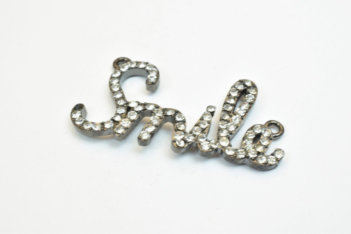 2 PCs Smile Rhinestone Connector Charm Pave Beads Findings Size 22x42mm Thickness 3mm 2 Jump Rings 2mm For Jewelry Making
