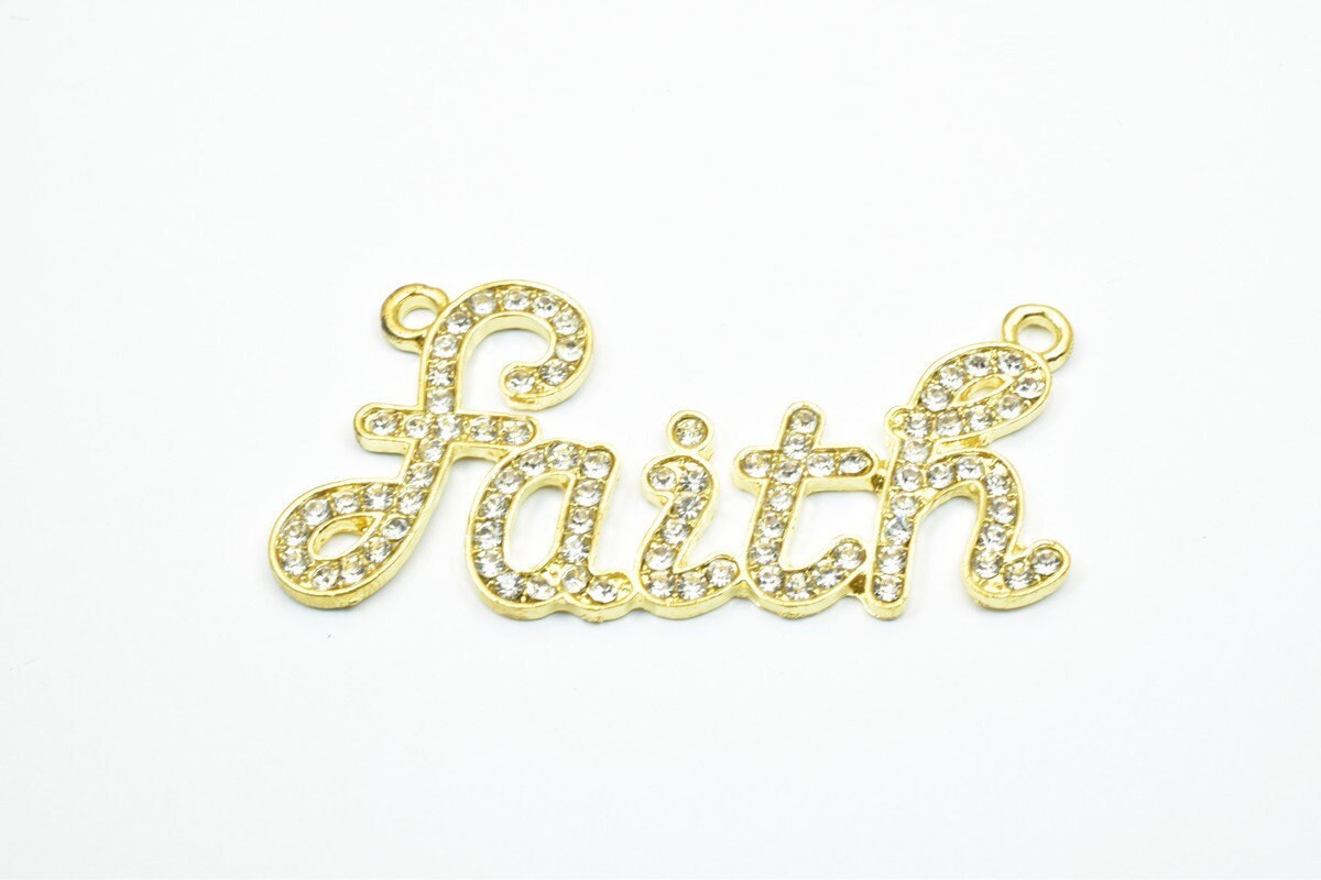 2 PCs Faith Rhinestone Connector Gold Plated Pendant Charm Pave Beads Finding Size 28x57mm Thickness 2mm 2 Jump Rings 2mm For Jewelry Making