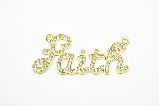 2 PCs Faith Rhinestone Connector Gold Plated Pendant Charm Pave Beads Finding Size 28x57mm Thickness 2mm 2 Jump Rings 2mm For Jewelry Making