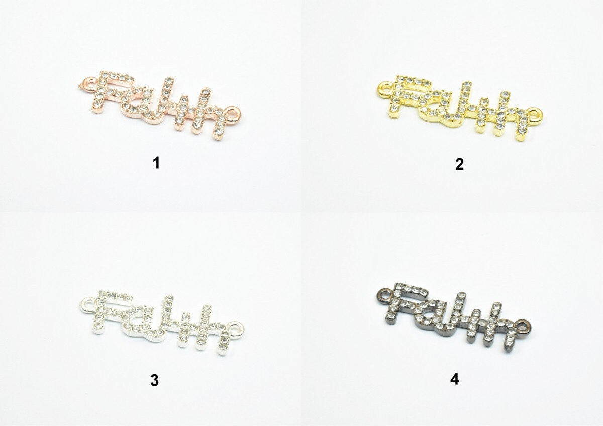 4 PCs Faith Rhinestone Connector Pendant Charm Pave Beads Finding Size 15x37.5mm Thickness 2.5mm 2 Jump Rings 1.5mm For Jewelry Making