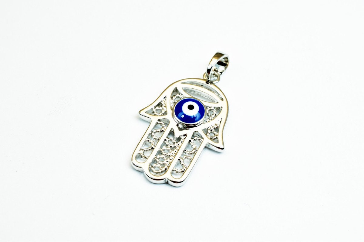 Hamsa Hand White Gold Rhodium Plated Pendant With Evil Eye Size 25x16mm For Jewelry Making RP77