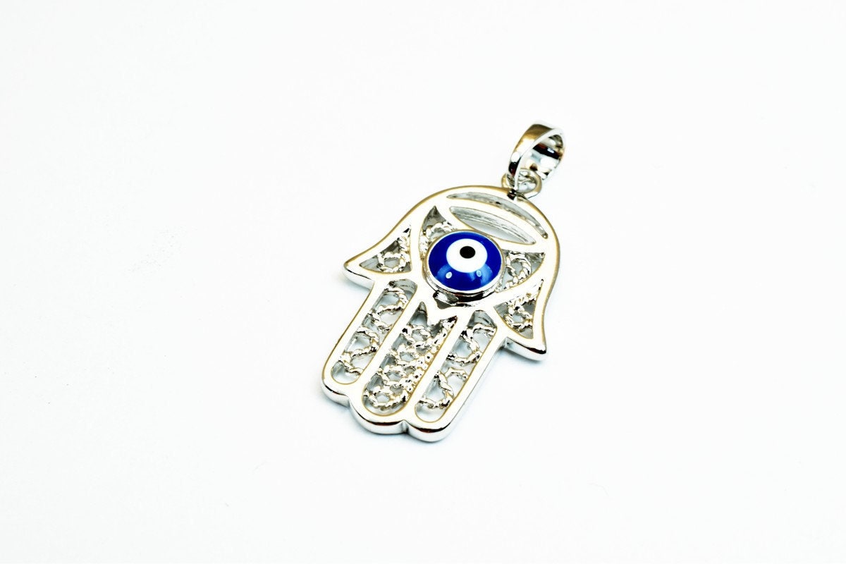 Hamsa Hand White Gold Rhodium Plated Pendant With Evil Eye Size 25x16mm For Jewelry Making RP77