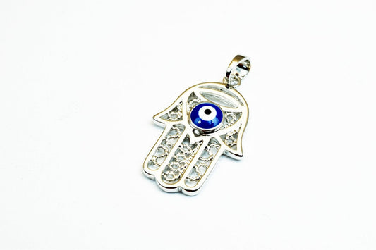 Hamsa Hand White Gold Rhodium Plated Pendant With Evil Eye Size 25x16mm For Jewelry Making RP77