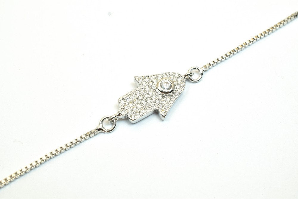 Hamsa Hand Bracelet White Gold Filled Rhodium Chain With Cubic Zirconia Size 7.75" Inches Pave Bling Bling For Jewelry Making Item # BR91
