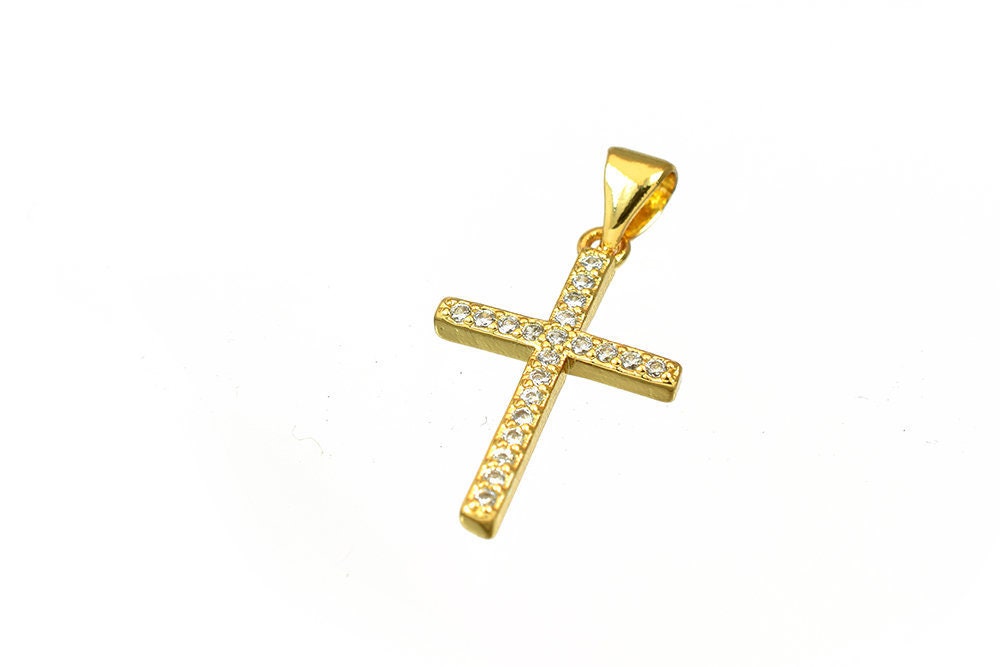 Cross Rhinestone Charm Pendant 18K as Gold Filled tarnish resistant Size 21x13.5mm Micro Pave Beads Charm with Clear CZ Cubic Zirconia GFM26