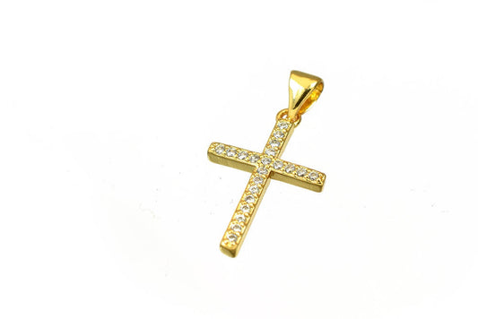 Cross Rhinestone Charm Pendant 18K as Gold Filled tarnish resistant Size 21x13.5mm Micro Pave Beads Charm with Clear CZ Cubic Zirconia GFM26