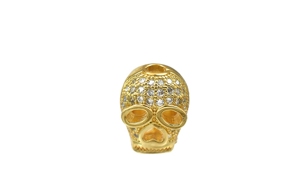 Glittering Skull Bead Charm - 18K Gold Filled with Micro Pave Cubic Zirconia, Jewelry Making Spacer Bead BeadsFindingDepot