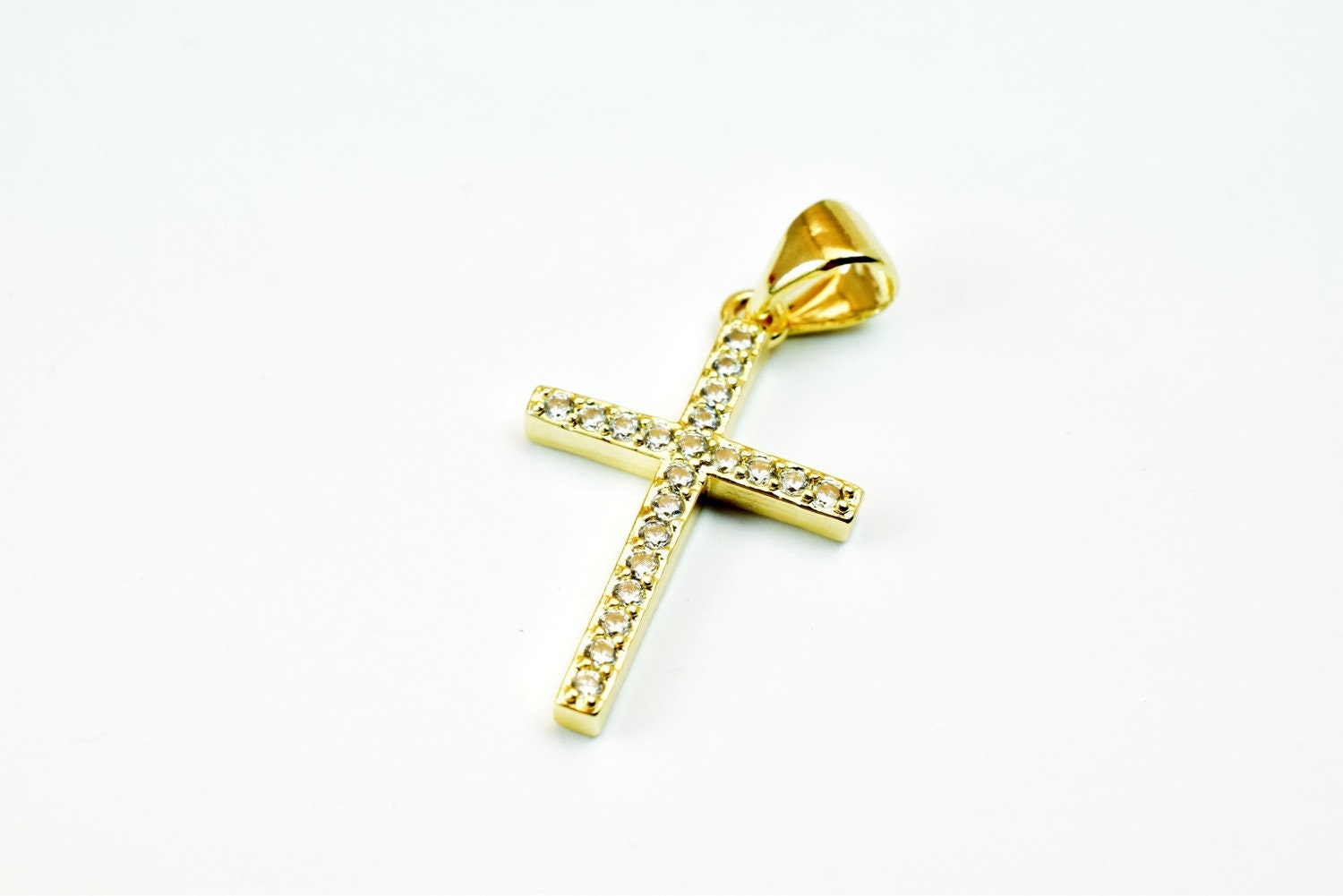 Cross Rhinestone Charm Pendant 14K as Gold Filled* Size 21x13.5mm Micro Pave Beads Charm with Clear CZ Cubic Zirconia GFM26A